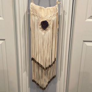 Miakoda Authentic Lambskin Cream Fringe Shoulder Bag with Genuine Amethyst Stone